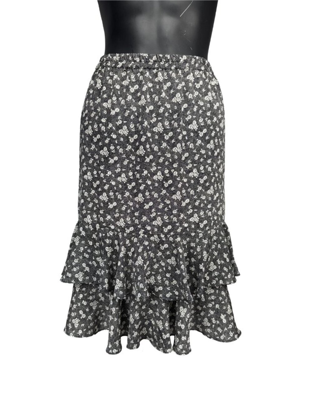 Vintage Floral Print Tiered Ruffle Midi Black White Skirt Size S/M‎